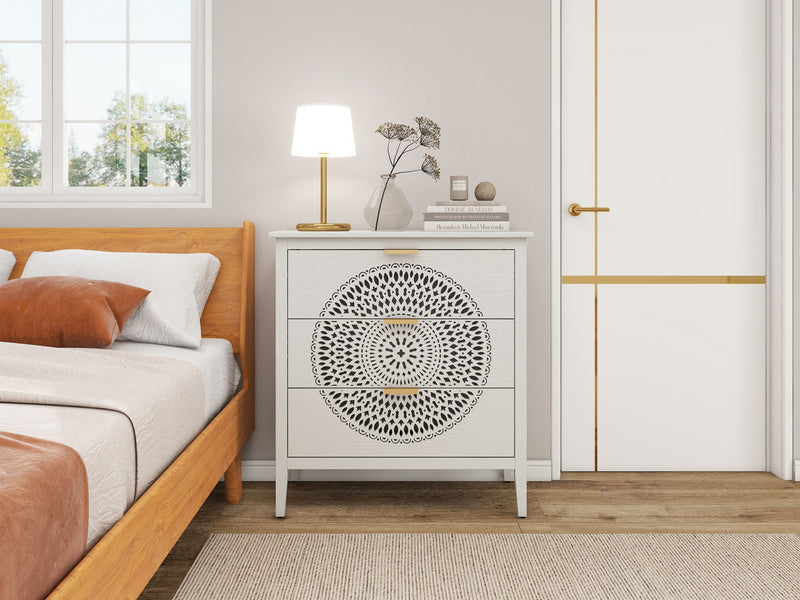 3 Drawer Cabinet With Hollow Carved 3 Drawer Dresser Storage Chest With Metal Handles For Entryway Living Room Bedroom - Beige