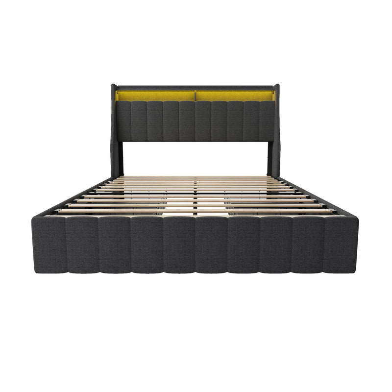 Bed With LED Lights, 4 Drawers, Winged Headboard Upholstered