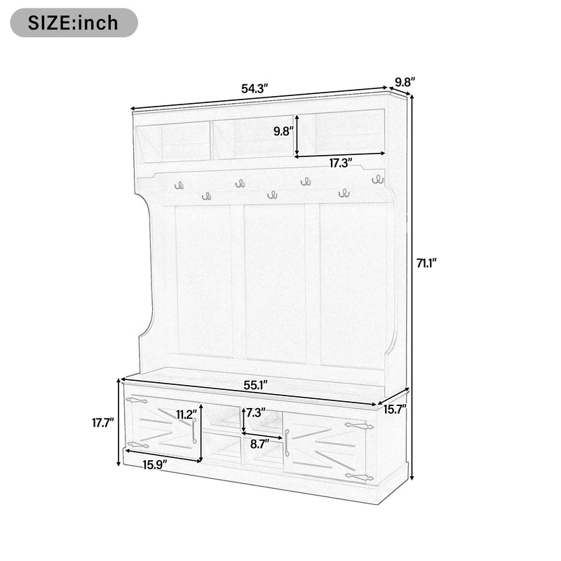 Hall Tree With Bench And Shoe Storage, 5 In 1 Entryway Organizer Cabinet With Coat Rack, 4 Shoe Cubbies & 7 Hooks - White