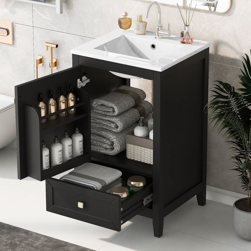 20" Bathroom Vanity With Sink Cabinet With Soft Closing Door, Drawer & Storage Rack - Black