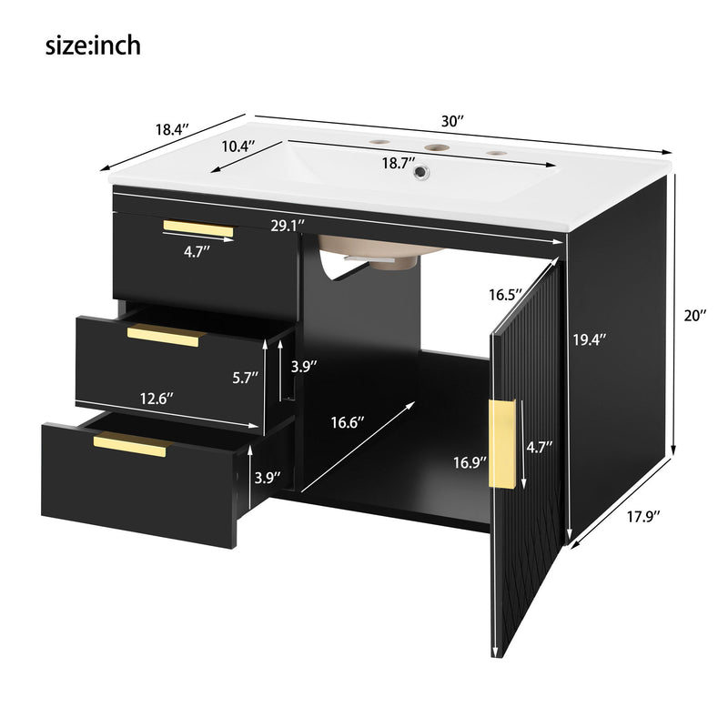 Modern Wall Mounted Bathroom Cabinet With Ceramic Sink, Soft-Closing Drawer And Door