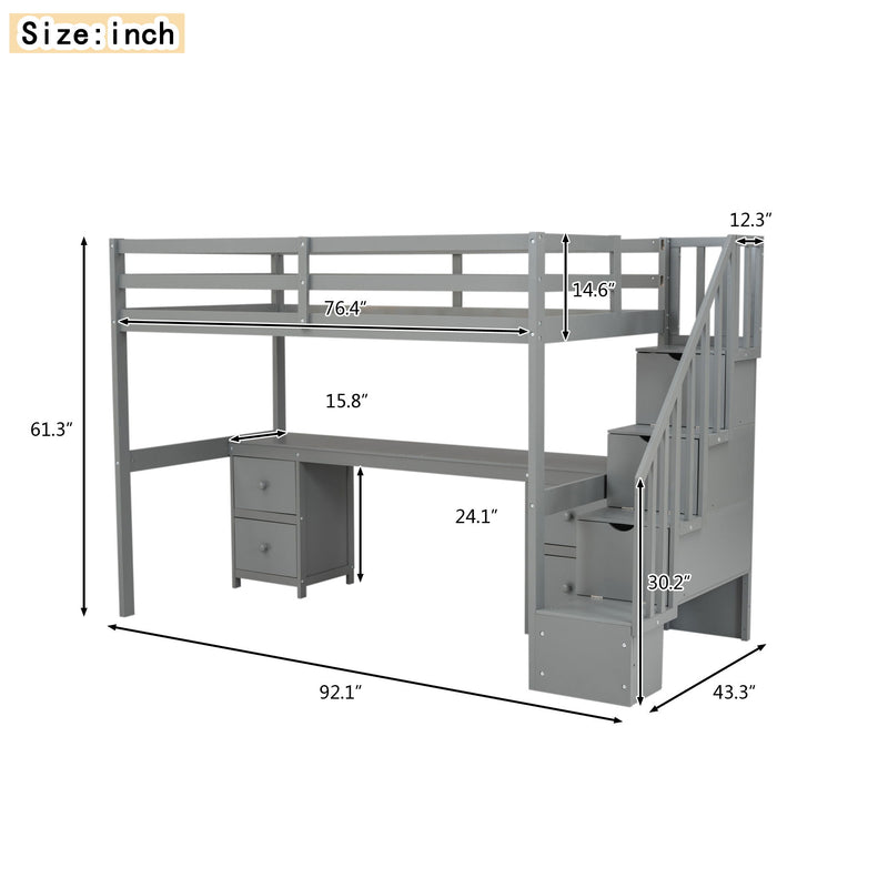 Loft Bed Frame With Built In Desk And Double Storage Drawers