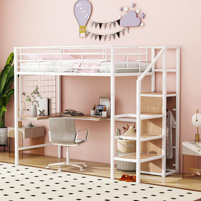 Loft Bed With Desk And Grid, Stylish Frame With Lateral Storage Ladder And Wardrobe