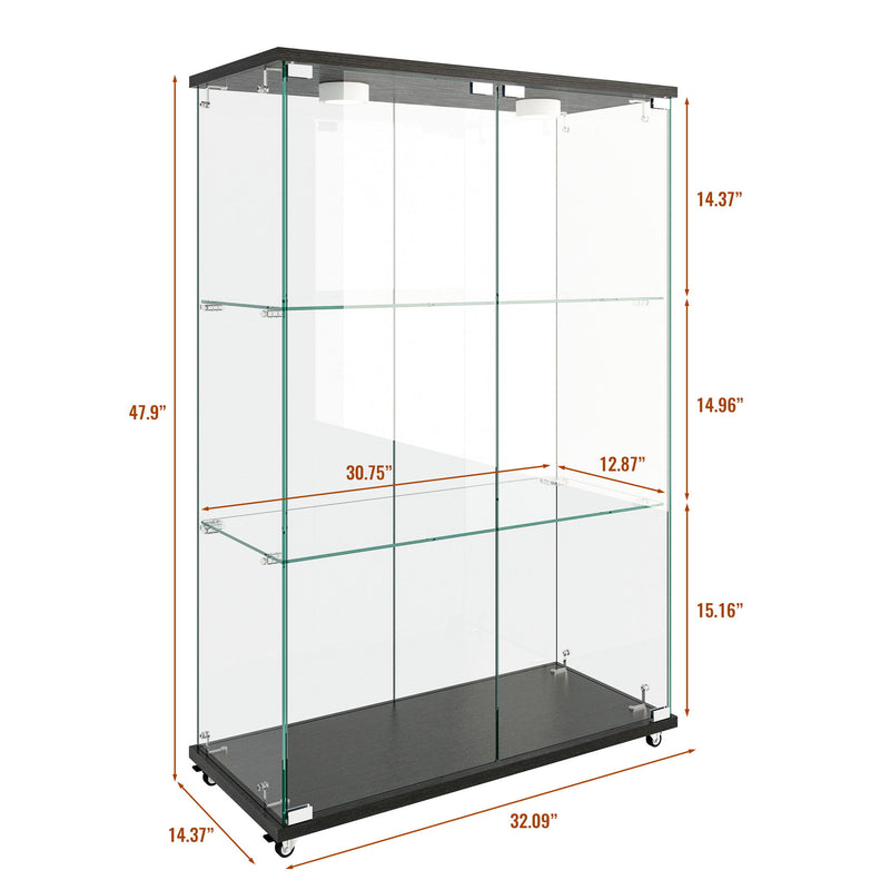 Modern Display Cabinet With LED Lights, Transparent Tempered Glass 2 Door Storage Case With 3 Shelves
