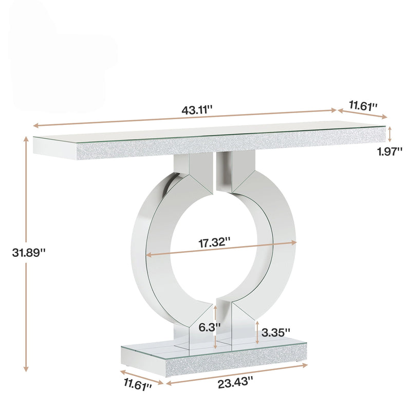 Mirrored Console Table With O-Shaped Base For Living Hallway - Silver / Clear