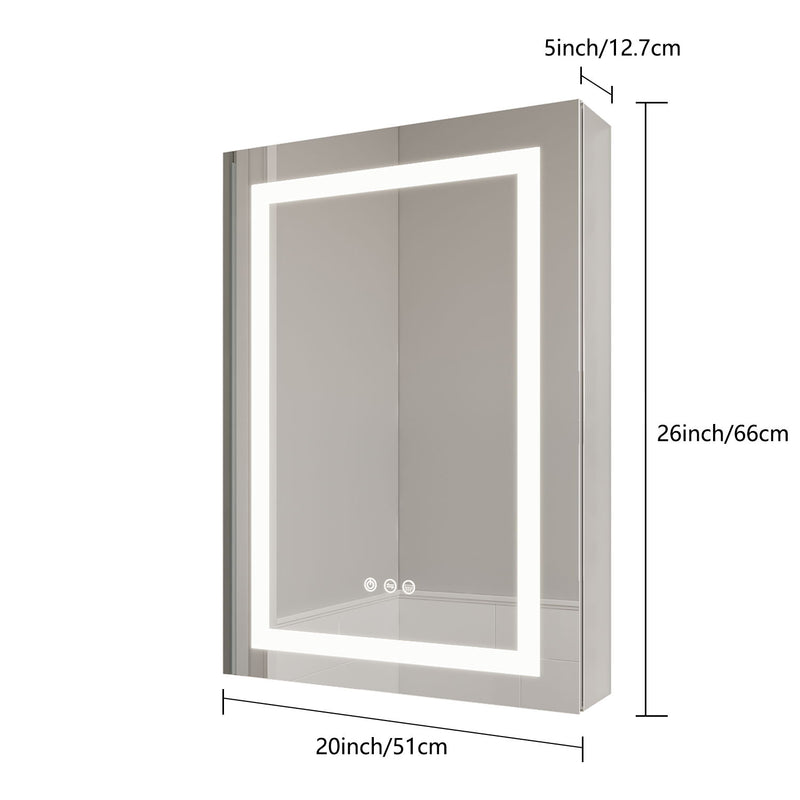 Bathroom Medicine Cabinet With LED Mirror, Anti-Fog, Waterproof, 3000K~6000K Single Door Lighted Bathroom Cabinet With Touch Swich