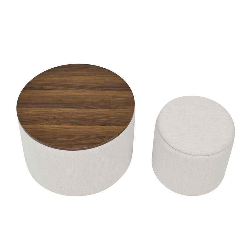 Classic 2 Piece Round Storage Ottoman Set With Drum Shaped Stool