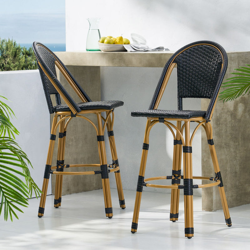 Outdoor Rattan And Aluminum French Barstools (Set of 2)