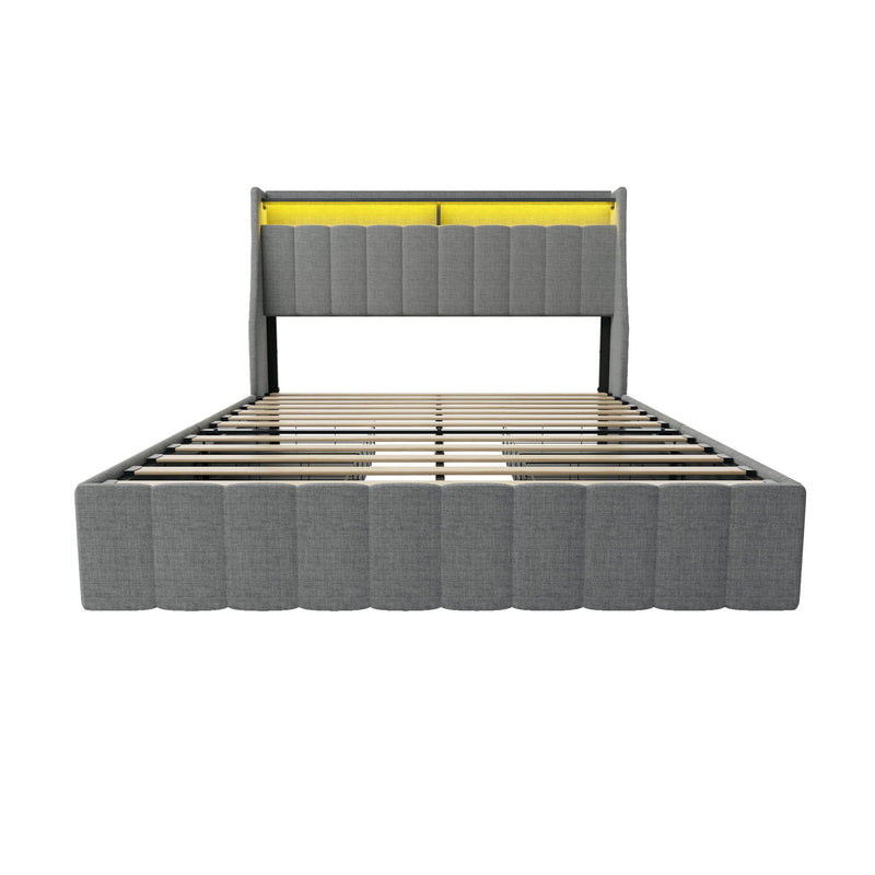 Queen Size Bed Frame With LED Lighting, Winged Headboard With Storage Drawers - Light Gray