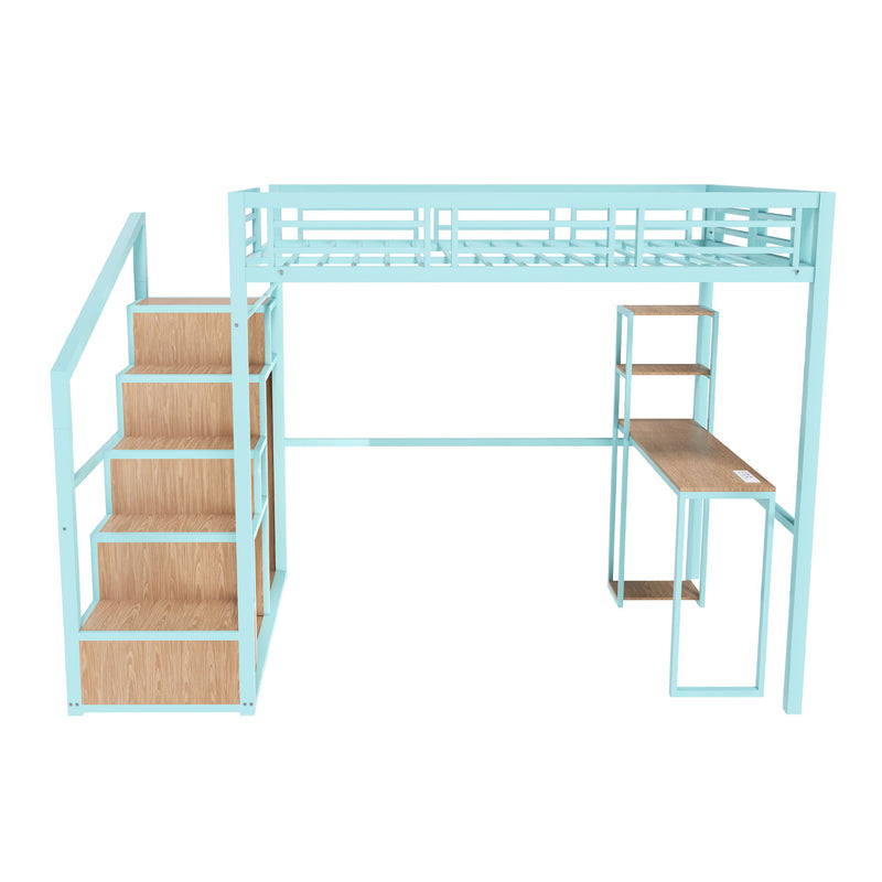 Heavy Metal Frame Full Loft Bed With Desk & Storage, 4 Cabinets, Staircase, Rack Space Saver - Green