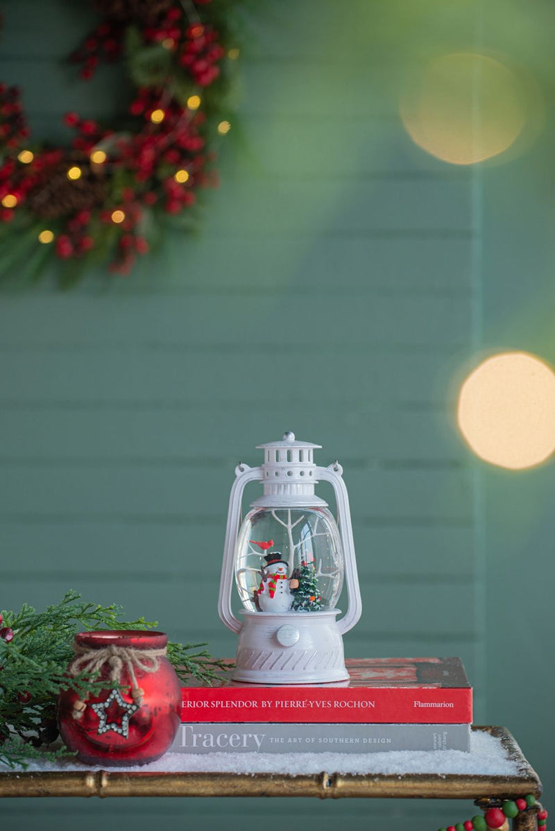 Christmas Plastic / Resin Lantern With Snowman & Tree LED / Water Spinning / 6 Hours Timer, 3*AA Batteries Required - White / Multi