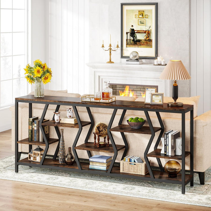 Tribesigns - Extra Long Narrow Sofa Console Table With 4 Tier Storage Shelves - Rustic Brown