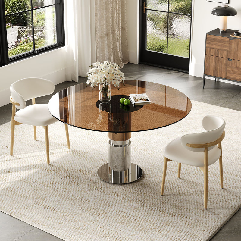 Round Glass Dining Table With Stainless Steel Legs And Chairs