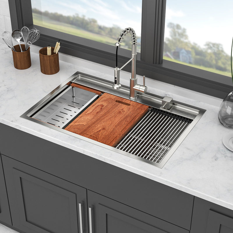 33" Drop In Kitchen Sink With Workstation, 16 Gauge Stainless Steel - Brushed Nickel