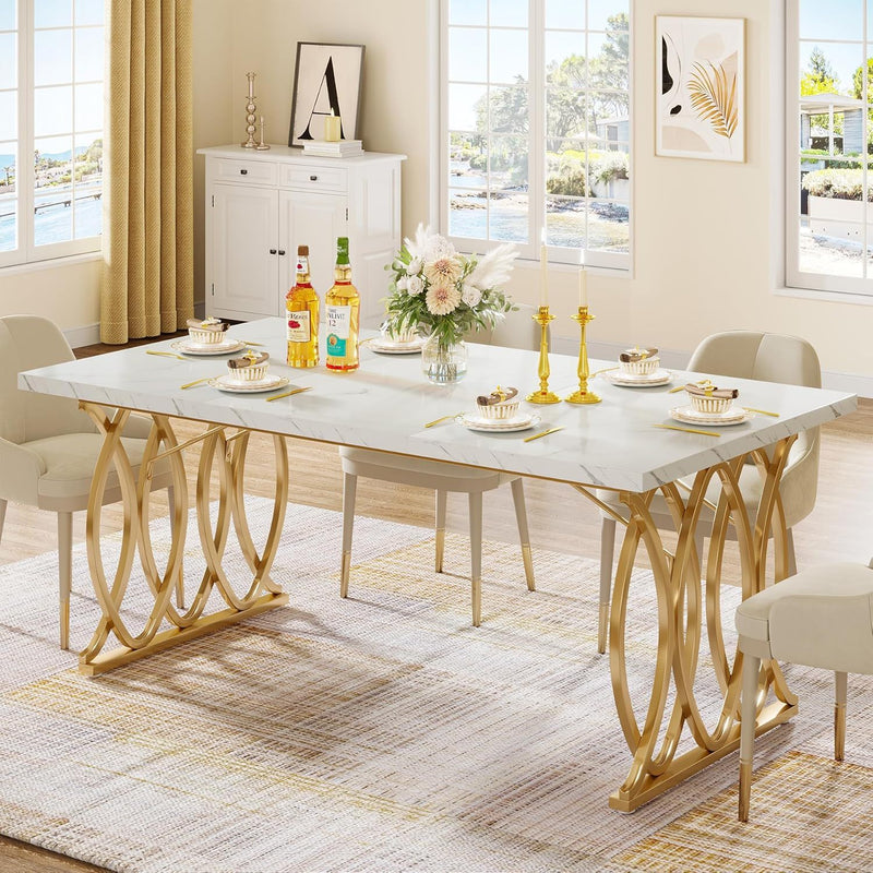 Large Rectangular Dining Table Kitchen Table With Geometric Legs - White / Gold