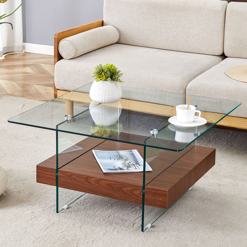 Modern 2 Tier Square Coffee Table, Elegant Marble Pattern
