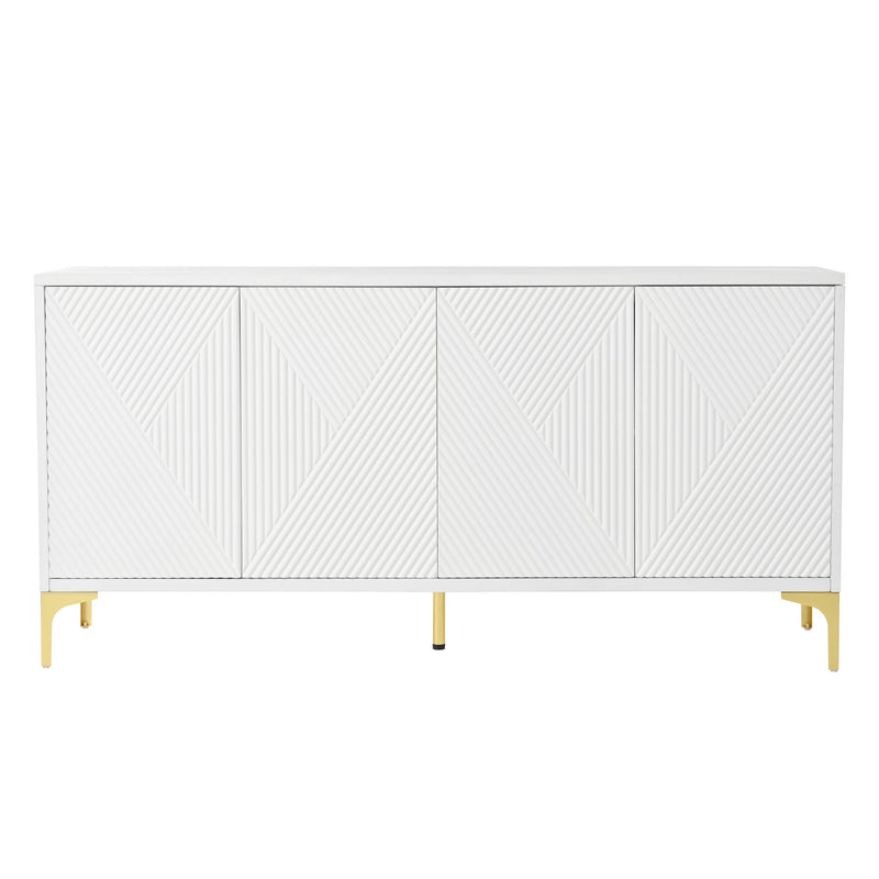 Modern Wood Sideboard Cabinet With Carved Door Panels, Adjustable Shelves, And Sturdy Metal Legs