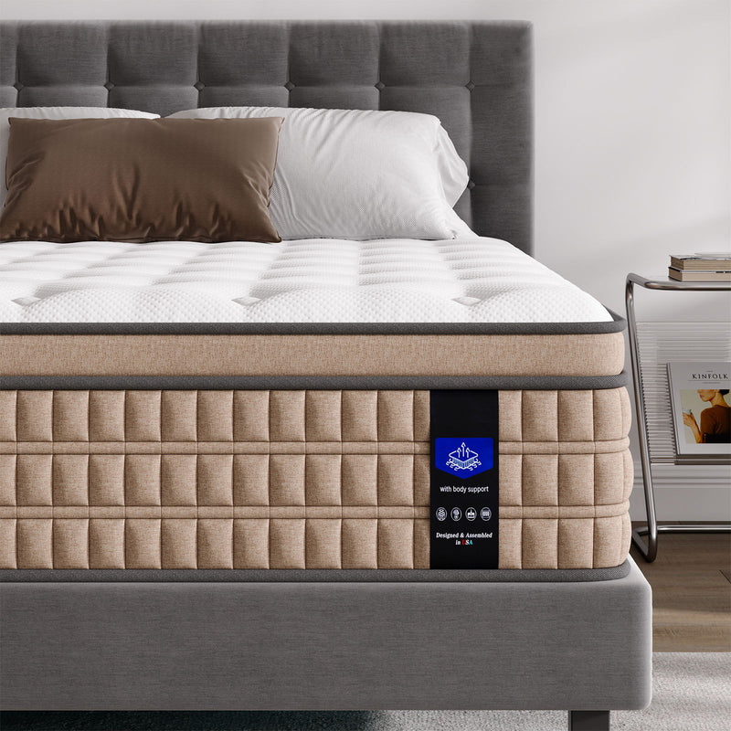 14" King Mattress Hotel Collection Hybrid Mattress With Gel Memory Foam & Pocket Springs - Brown / White