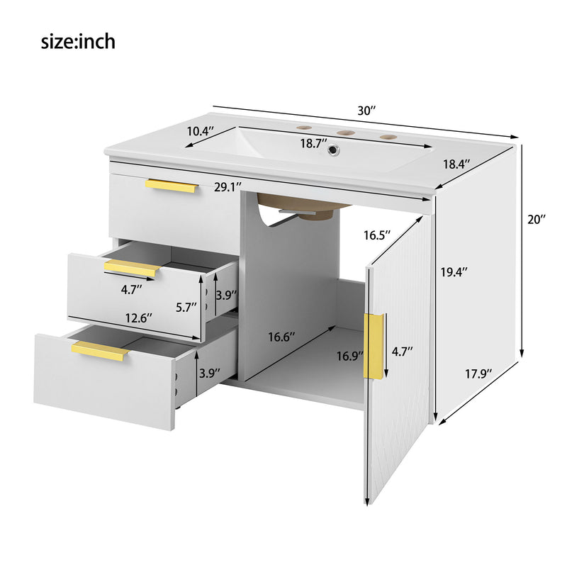 Modern Wall Mounted Bathroom Cabinet With Ceramic Sink, Soft-Closing Drawer And Door