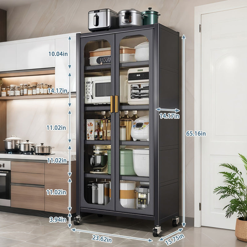 6 Tier Storage Cabinet With Transparent Door, Adjustable Shelves & Wheels
