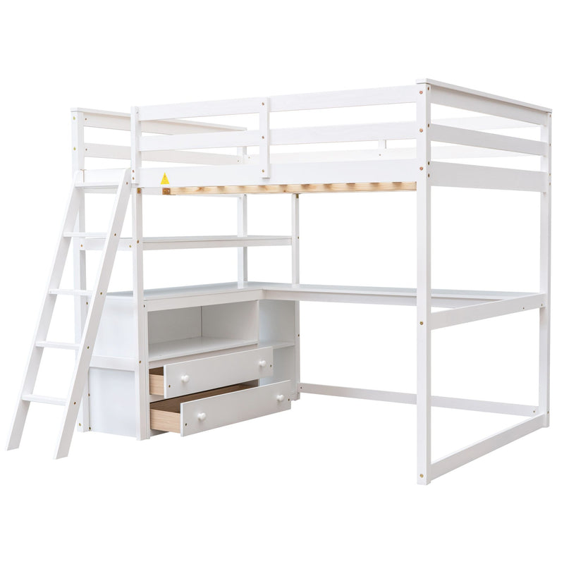 Modern Loft Bed With Built In Desk, Shelves, And 2 Drawers