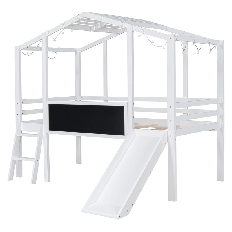 Loft House Bed With Ladder And Slide, With Blackboard And Light Strip On The Roof