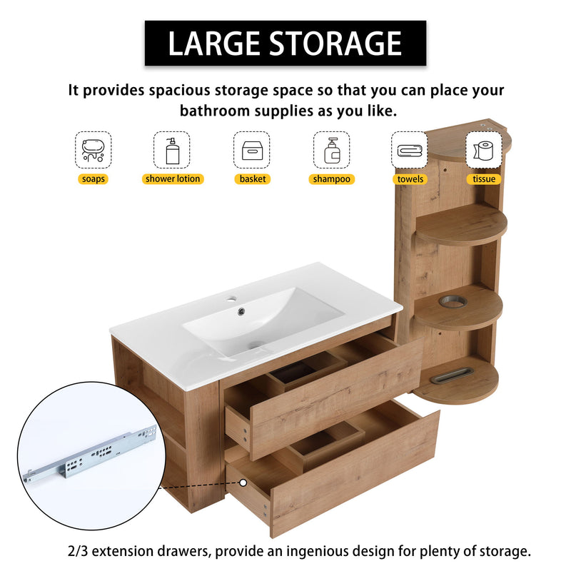 Modern Wall Mounted Bathroom Vanity With Ceramic Sink And Storage Rack, 2 Soft Close Drawers
