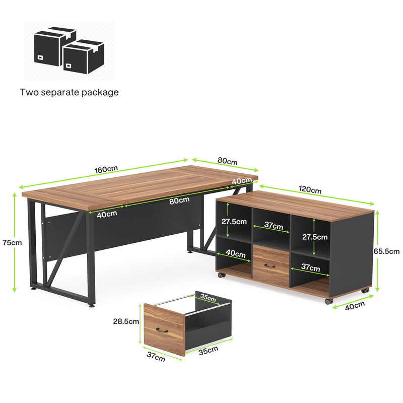 L-Shaped Executive Desk With Mobile File Cabinet, Large Home Office Workstation With Drawers And Shelves - Brown / Black