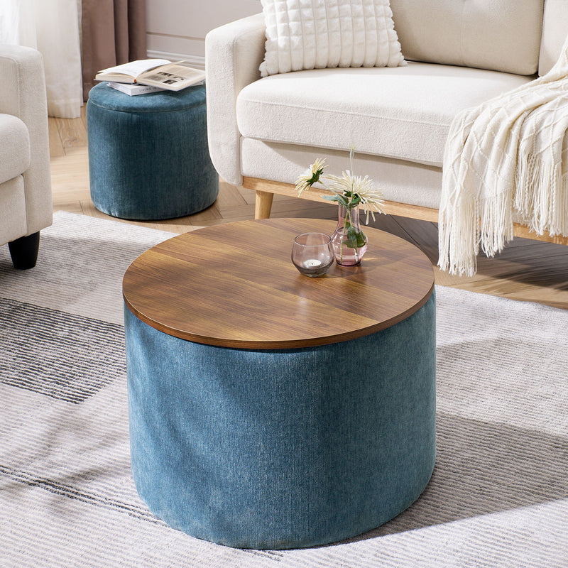 Classic 2 Piece Round Storage Ottoman Set With Drum Shaped Stool