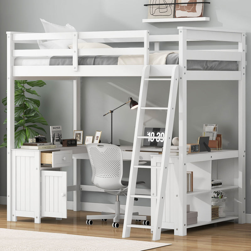 Loft Bed With U-Shaped Desk, Drawers, And Storage Shelves