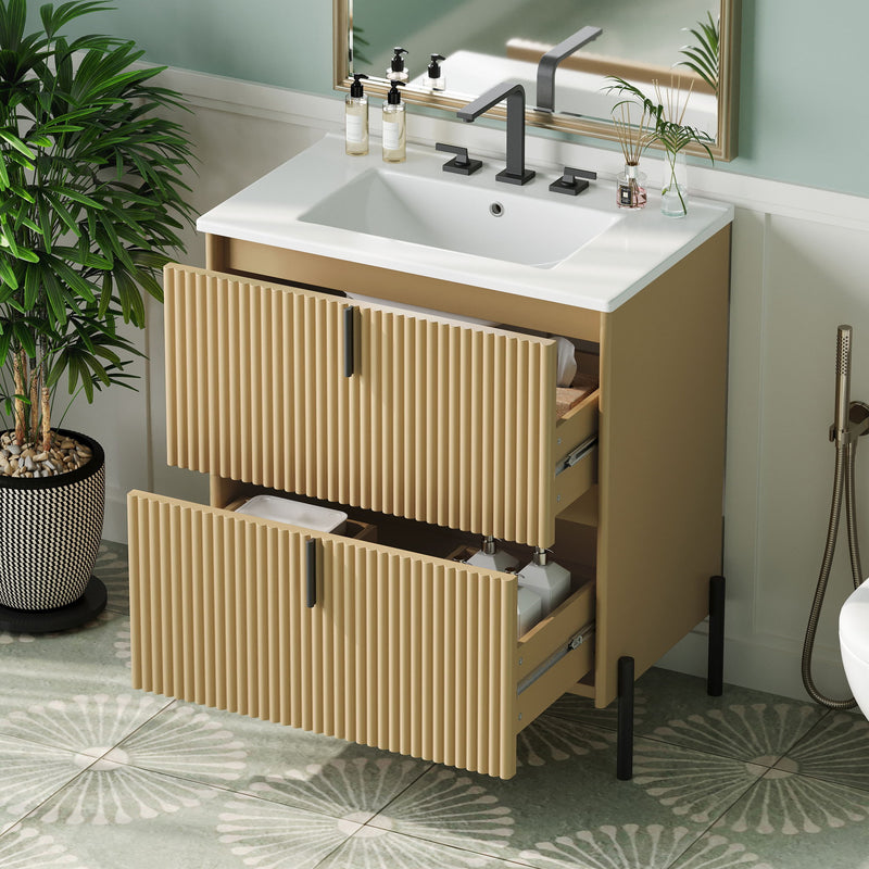 Fluted Bathroom Vanity With Ceramic Sink, Freestanding Design