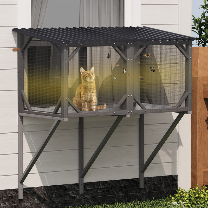 Premium Cat Window Box With Bug Proof Net For Large Indoor Cats Spruce Wood & Polyester - Antique Gray