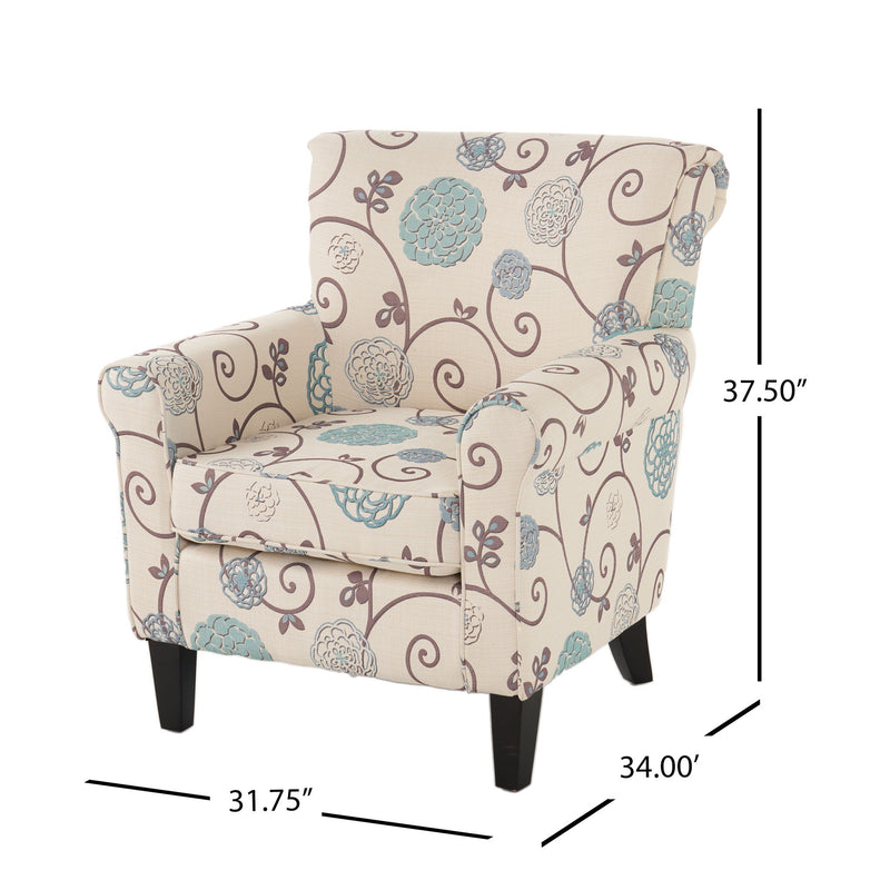 Upholstered Chair With Floral Pattern Design And Solid Wood Legs - Multi Color