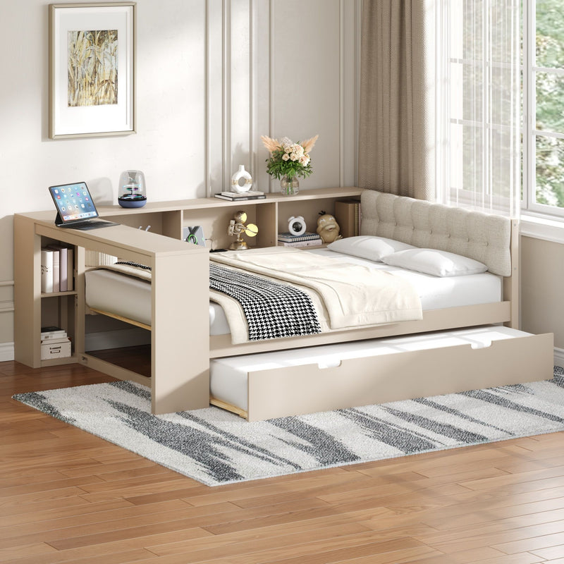 Upholstered Headboard Platform Bed With Storage Shelves, Trundle, Charging Station
