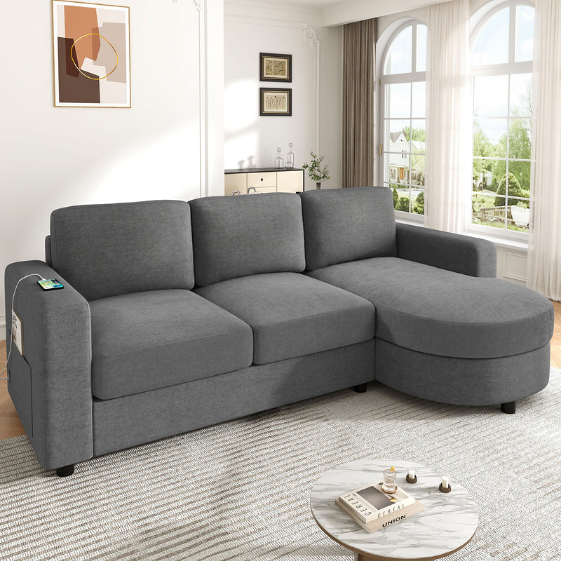 Modern L-Shaped Sectional Sofa With Curved Chaise, USB Ports, And Side Storage Pockets