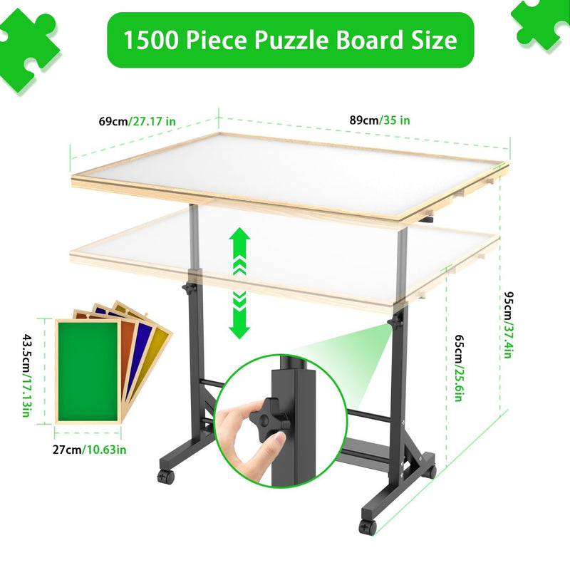 360 Degree Tilting Wooden Puzzle Table With 1500 Pieces, Rolling Design With Adjustable Height, Drawer, And Protective Cover - Black / Natural Wood