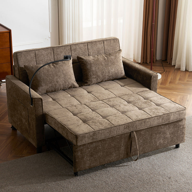 Pull-Out Sleeper Sofa With Reversible Backrest Cushion, Side Pockets, 2 USB Ports And A Phone Holder For Living Room