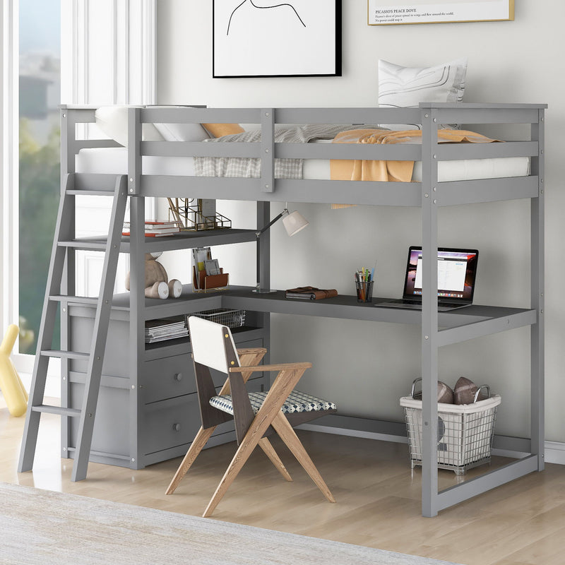 Modern Loft Bed With Built In Desk, Shelves, And 2 Drawers