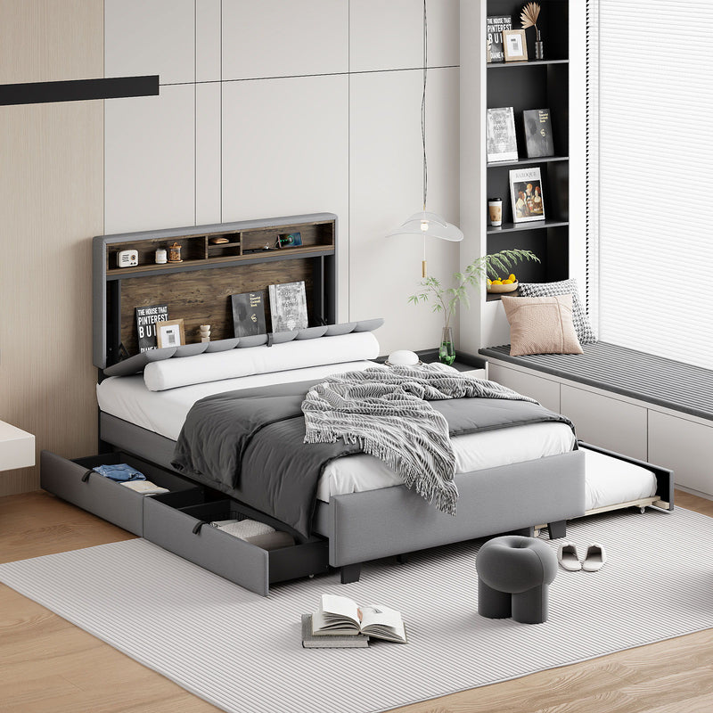 Upholstered Platform Bed With Storage Headboard, Trundle & 2 Drawers And A Set Of Sockets & USB Ports