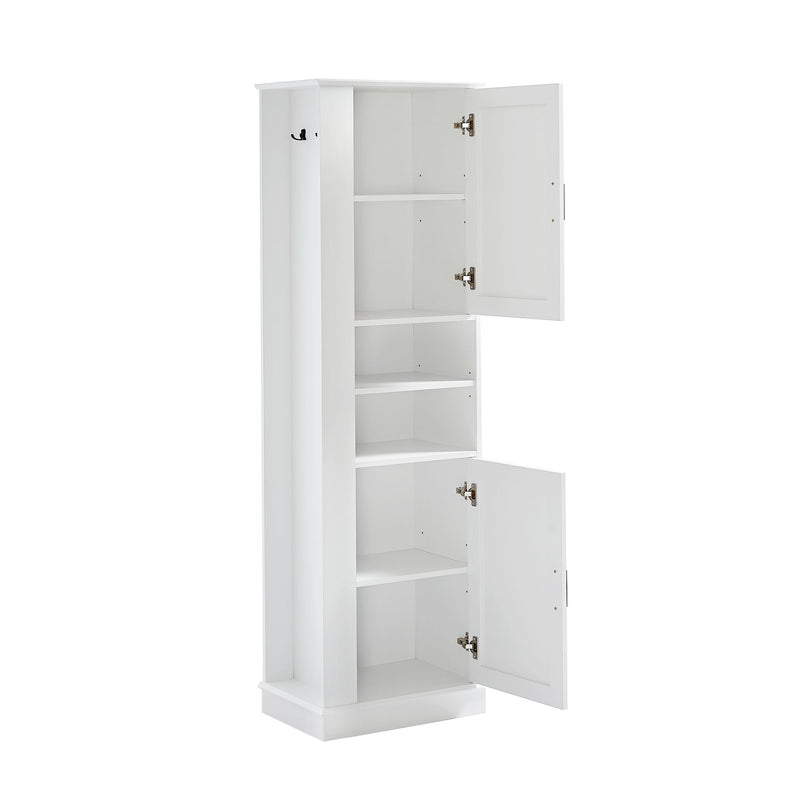 Tall Freestanding Bathroom Storage Cabinet With Adjustable Shelves And Side Hooks Board, Rectangle Design
