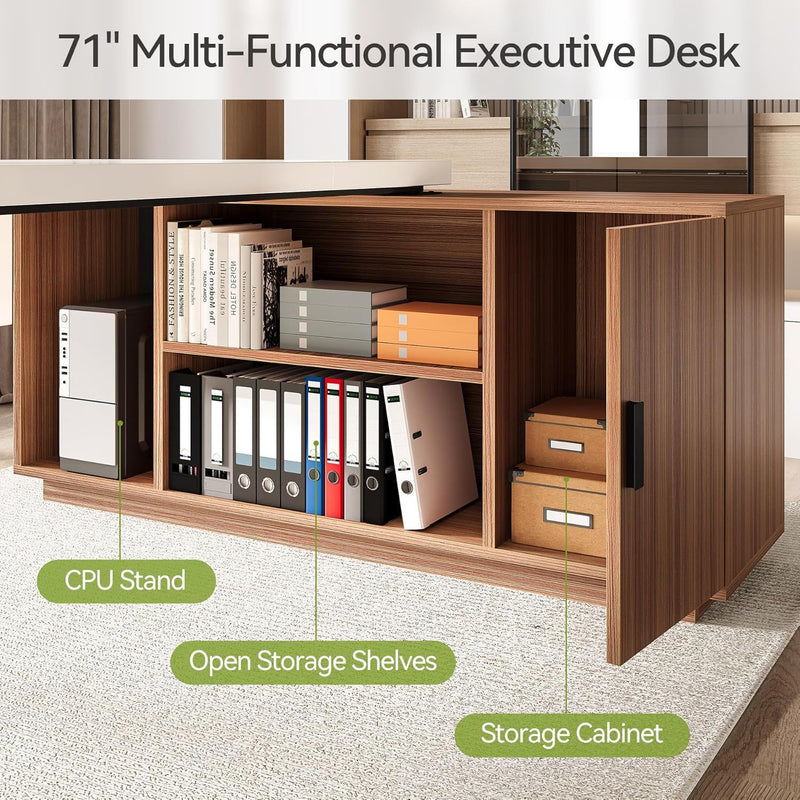 L-Shaped Executive Desk With Storage Cabinet, Home Office Workstation With Shelves - White / Walnut
