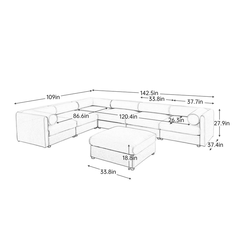 Contemporary Elegant White Chenille Sofa With Storage And Ottoman