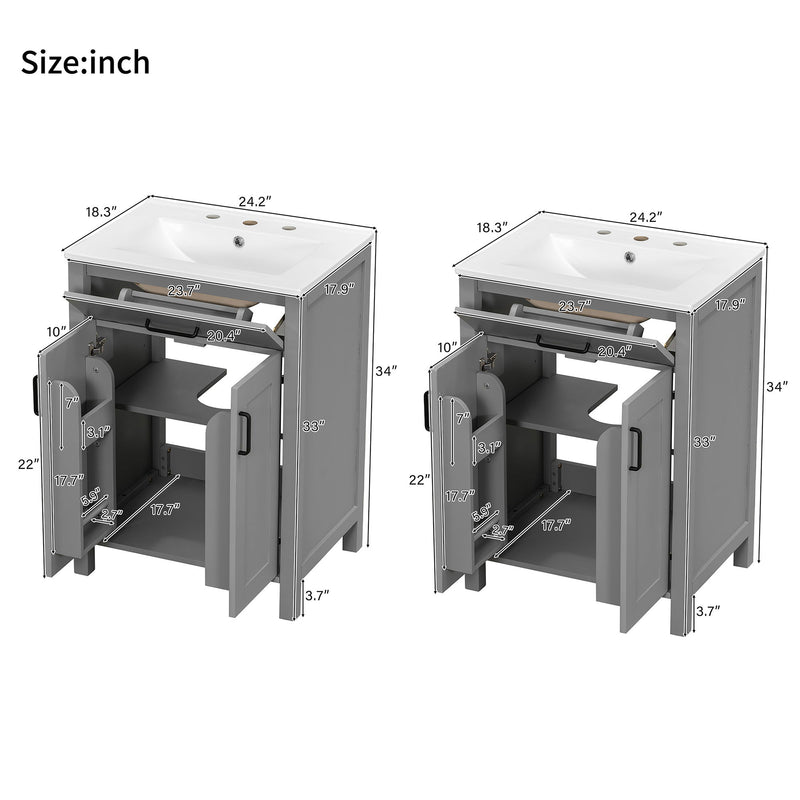 Bathroom Vanity With Ceramic Sink, Soft Close Doors, Flip Drawer, Double Layer Door Shelves