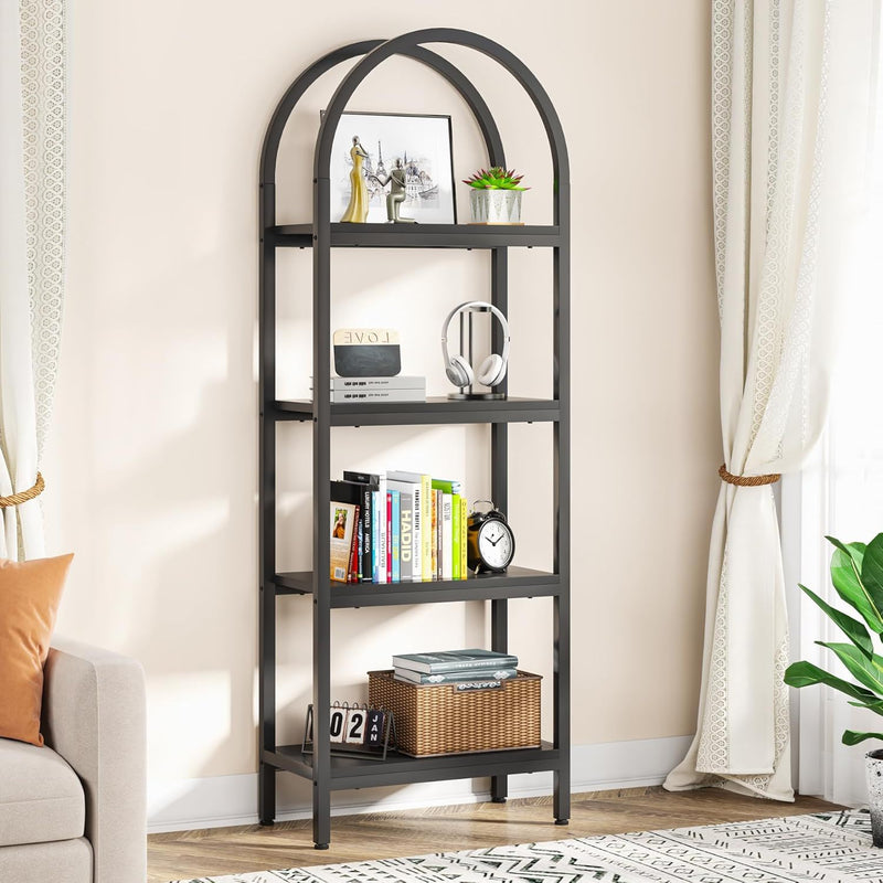 Tall 4 Tier Arched Open Bookshelf Storage Rack - Black