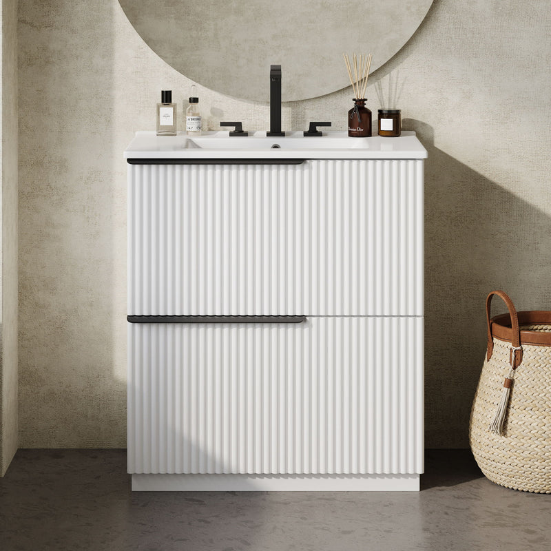Fluted Bathroom Vanity With Ceramic Sink, Freestanding Cabinet