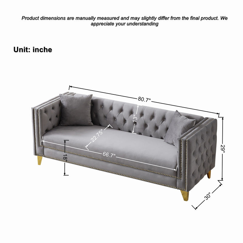 3 Seater Deep Seat Sofa, Sofa With Button Nailhead, Square Arm