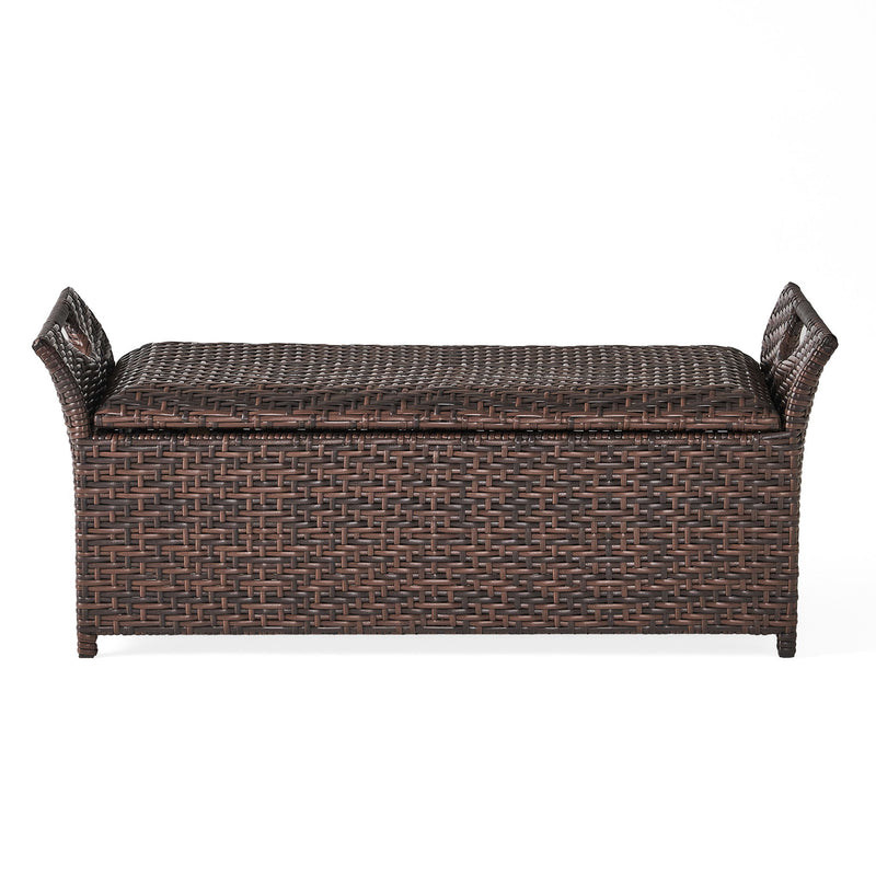 Outdoor Rattan Bench With Flair Arm And Storage - Brown