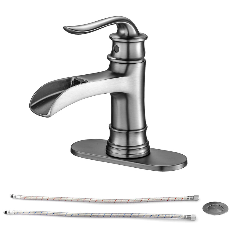 Waterfall Spout Bathroom Faucet With Single Handle And Pop Up Drain - Brushed Nickel
