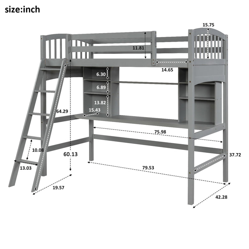 Loft Bed With Storage Shelves, Desk And Ladder