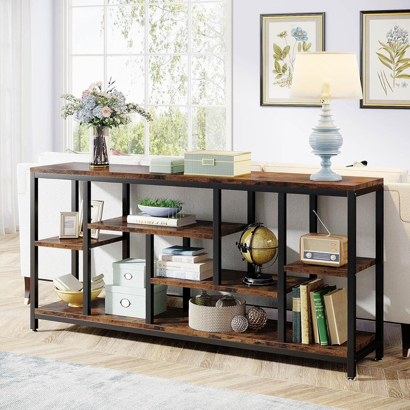 Tribesigns - Extra Long Console Table, 3 Tier With Storage Shelves - Rustic Brown